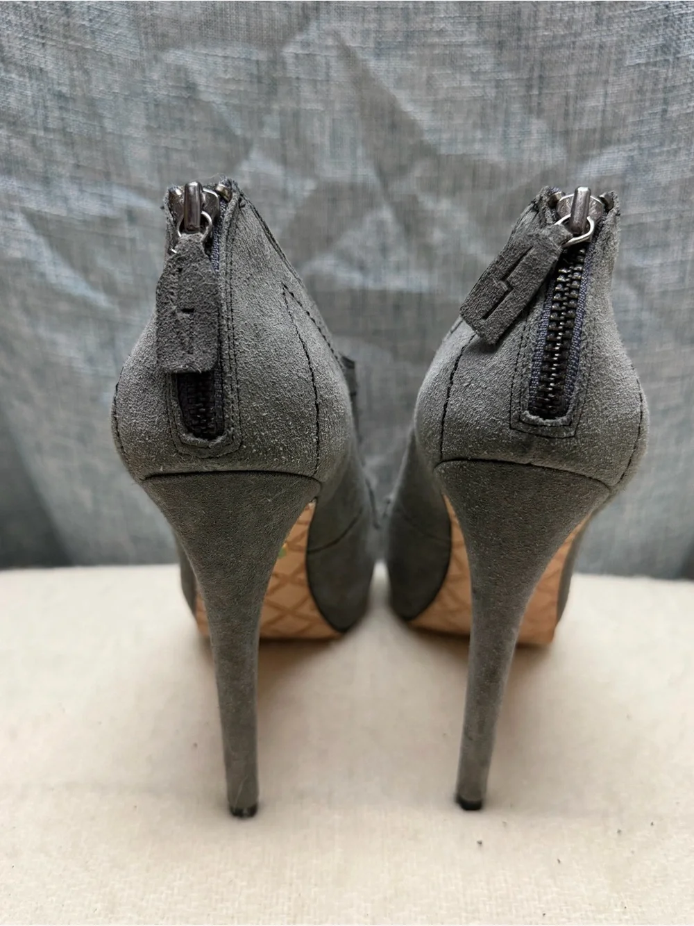 L.A.M.B. Charcoal Gray Suede Ruffle Front Booties
